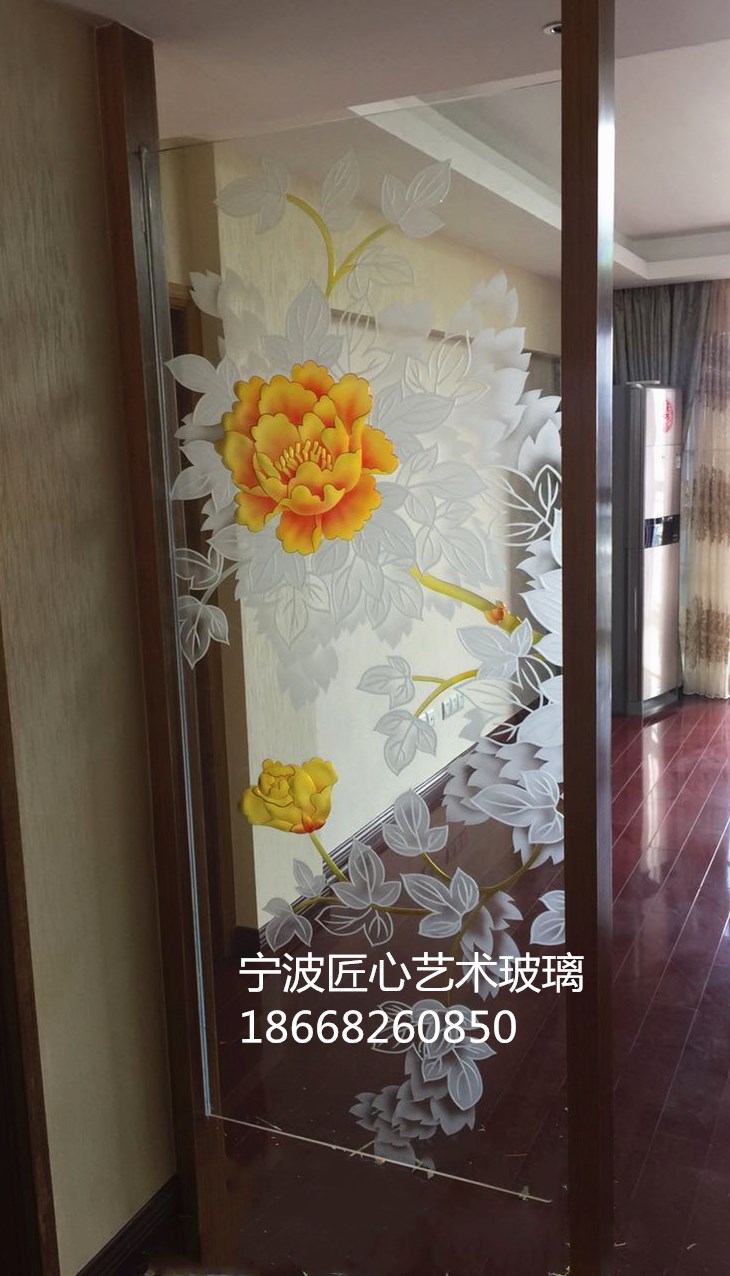 10MM钢化艺术雕刻玻璃牡丹花