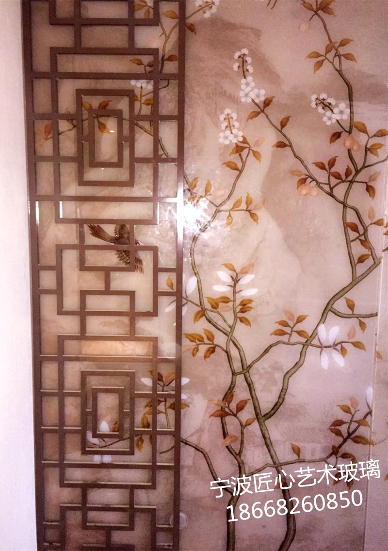 花鸟工笔防爆背景墙艺术玻璃